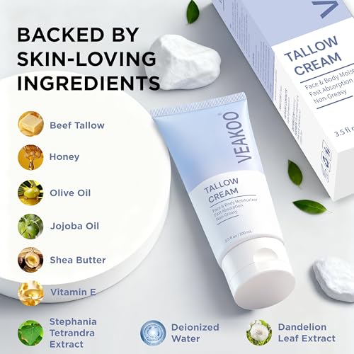 Veakoo Beef Tallow for Skin, Whipped Beef Tallow Cream, Unscented Face Moisturizer in Tube, Organic Grass Fed Tallow and Honey Balm for Nourishing Dry, Oily, Combination, and Normal Skin