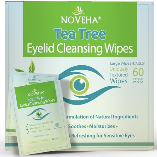 NOVEHA 60PC Tea Tree Oil Eyelid Wipes with Hyaluronic Acid