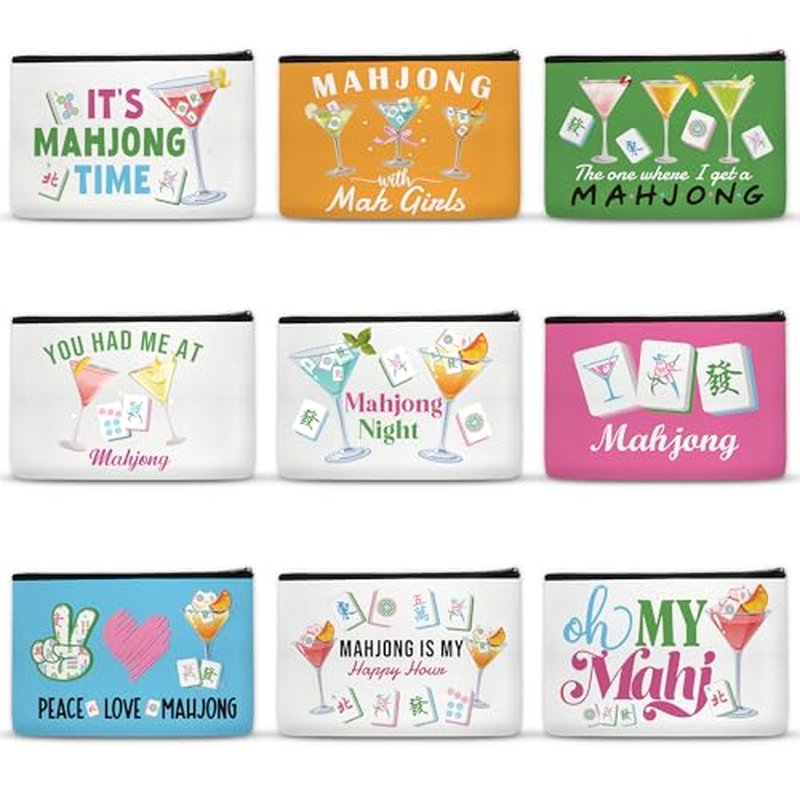 9-Pack Mahjong Cosmetic Bag Set with Zipper - Travel Pouches