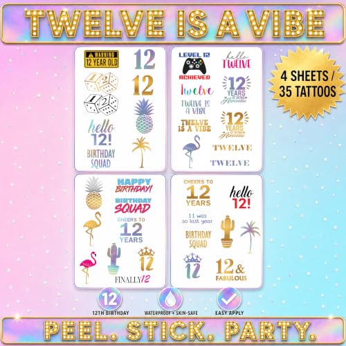 12th Birthday Temporary Tattoos - 4 Sheets Waterproof