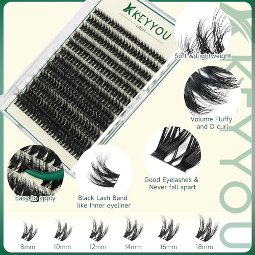 KEYYOU 3D Eyelash Extensions Clusters - 144pcs D Curl, 8-18mm