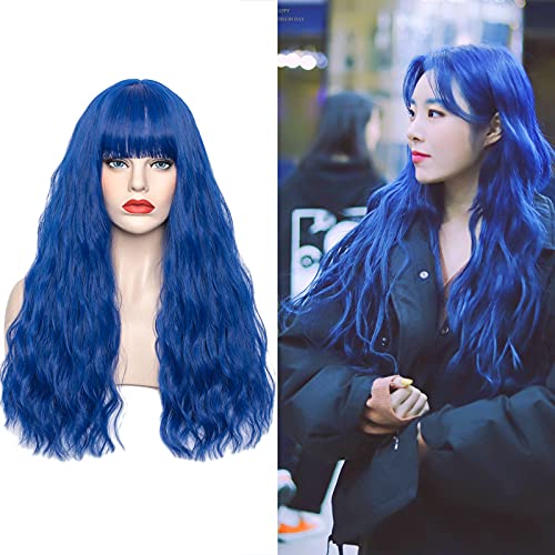 WGPFWIG Women's Blue Wig 22''Long Curly Wavy Wig Shoulder Length Flat Bangs Wig For Women Girl Cosplay Party Halloween Wig Cap Included (22''Blue)