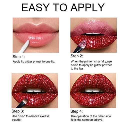 KYDA 3 Colors Glitter Lip Kit, Diamond Metllic High Pigmented Powder for Lips Cosmetics, Glitter Lips Makeup,with Lip Primer and Brush, Long Wear-Set D