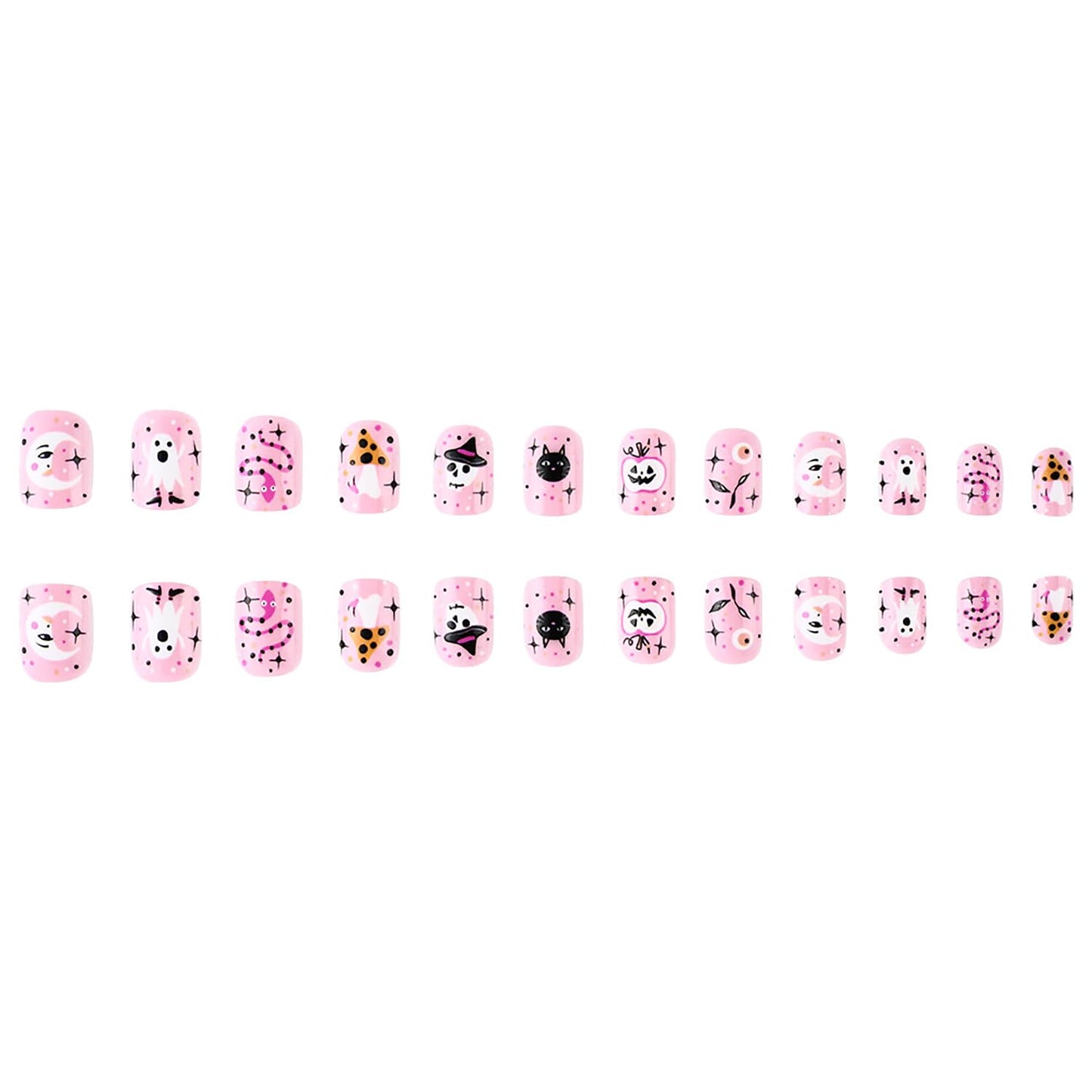 Halloween Press on Nails Short Square Petite Fake Nails Pink Little Ghost False Nails with Designs Glue on Nails Halloween Stick on Nails Cute Cat Acrylic Nails with Nail Glue for Women 24 Pcs