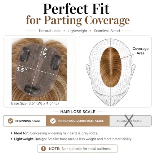HAIRHOO 12 Inch Ombre Brown Blonde Highlights Hair Topper for Thinning Hair, Real Human Hair, 3.5x4.5 Inch Silk Base, Lightweight Daily Wear