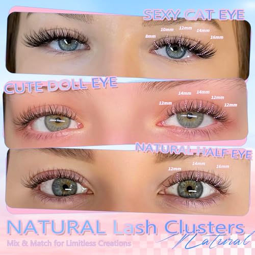 NovaBeryl Natural Wispy Clusters Eyelash Extensions 144pcs D-Curl 8-16mm - Invisible Band, DIY Lash Look