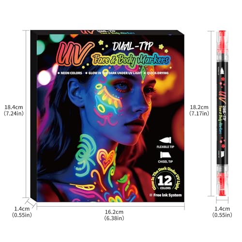 12-Color UV Body Paint Pens - Dual Tip Fluorescent Markers