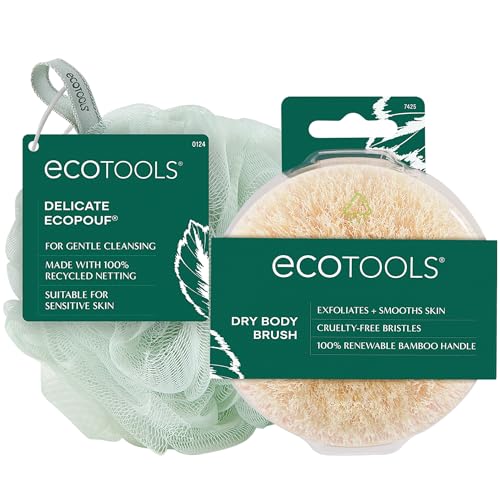 EcoTools Dry Body Brush for Circulation, Dead Skin Removal + Green Delicate EcoPouf Made with Recycled Netting for Cleansing and Exfoliating Sensitive Complexion, Self-Care Gifts