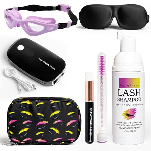 Lash Shampoo Kit ? Premium Lash Extension Cleaning Kit & Care Set with Fan, Brush, Oil-Free Eyelash Cleanser, Goggles for Shower & Sleep Mask - Lash Bath Kit & Aftercare System