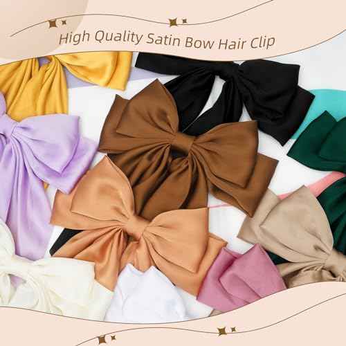 Large Silky Satin Bows 3Pcs Green Hair Ribbons for Women - Cute Coquette Bow Clips with Long Tails and Ponytail Barrettes