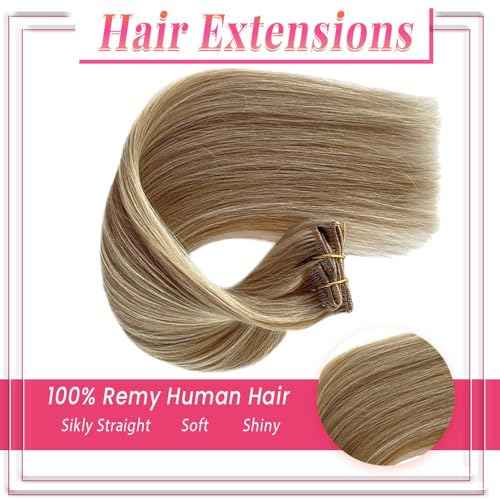 Clip in Hair Extensions Human Hair Light Blonde Mix Golden Blonde Highlights Real Human Hair Extension 12Inch 7pcs 70g Straight Silky Blonde Clip ins for Women