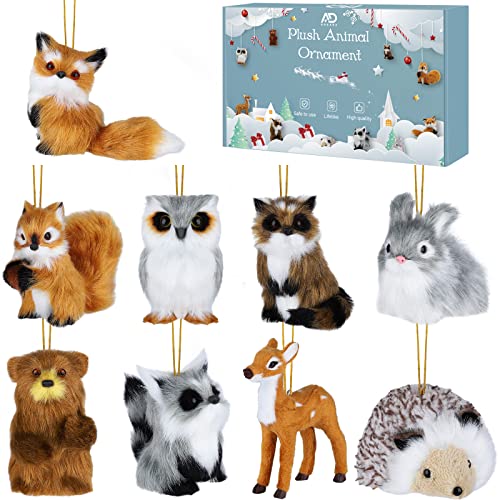 Aodaer 9 Pieces Woodland Furry Animals Ornaments Decorative Forest Animal Hanging Ornament Christmas Tree Ornament Sets with String Hanger Assorted Plush Animals for Christmas Tree Decoration