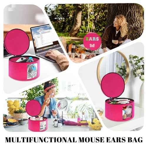 Heaband Holder Organizer, Large Round Tiara Tote Storage Box, Headband Ears Display Storage Box with Shoulder Straps (Rosy Red)