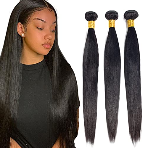 #1B Natural Black Straight Human Hair Bundles - 32 Inch, 3 Pack