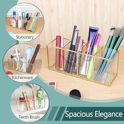 ELEGANTLIFE Clear Glass Makeup Brush Organizer,Luxurious Tempered Glass Cosmetics Brushes Storage Holder for Refined Bathroom Decor (Gold, 4 Sections)