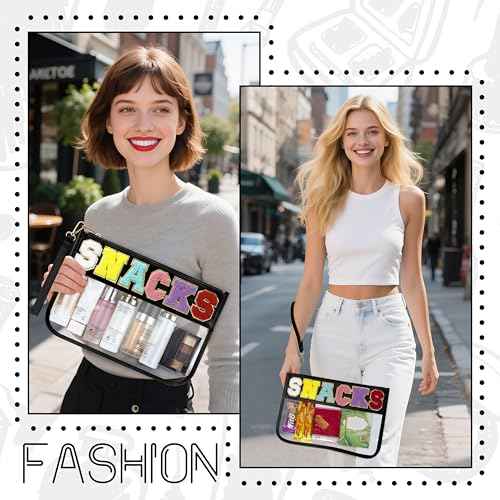 Snack Bag for Travel & Makeup - Clear Chenille Letter Zipper Pouch, Waterproof Cosmetic Tote Bag for Women & Girls (Black)