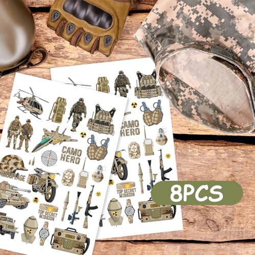 Army Temporary Tattoos - 8 Sheets Military Tattoo Stickers, Soldiers Aircraft Tanks Helicopter Army Birthday Party Prizes Rewards Gifts Party Favors