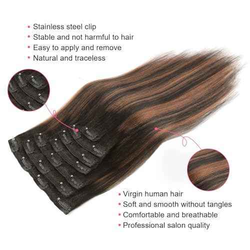 ABH AMAZINGBEAUTY HAIR Yaki Straight Human Hair Clip ins Rooted Black Piano Natural Black #1B Fading into Light Auburn #30 Two Tone Light Yaki Clip ins for Black Women Human Hair 12 Inch 120G 7Pcs