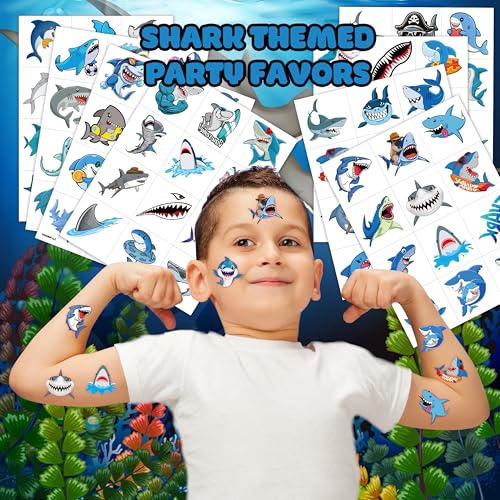 96 PCS Shark Pre-Cut Temporary Tattoos Sticker Sea Animal Fish Under The Sea Ocean Birthday Party Decorations Decor Favors Supplies Gifts Boys Girls Cute Fake Tattoo School Reward Themed (Normal)