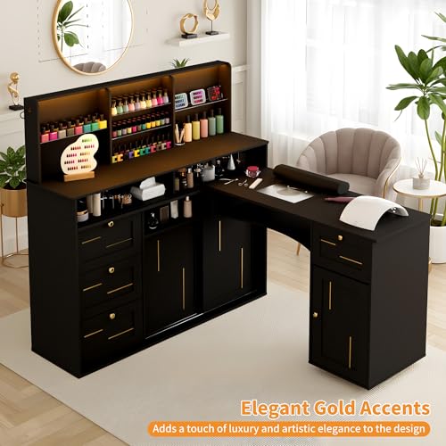 HolaiNail L-Shaped Manicure Table with Dust Collector & App-Controlled LED Light - Black
