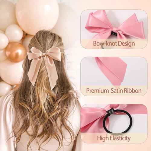 Yougeigy 6PCS Bow Hair Ties, Satin Hair Ribbon, Ribbon Hair Bows for Women Girls, Elastics Hair Scrunchies for Thick Thin Hair, Multicolor Hair Accessories