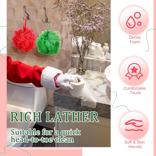 12 Pcs Christmas Bath Loofah Sponge Red Green Loofah Exfoliating Body Scrubber Shower Sponge 50g Mesh Shower Pouf Balls Gift Set for Women Men Bathing Accessories