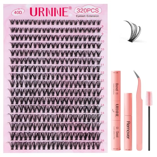Lash Extension Kit, 320Pcs Lash Clusters, 40D Lash Clusters Kit, 9-16 mm Individual Cluster Eyelash Extensions with Lash Bond and Seal, Remover, Lash Tweezer DIY Lash Extensions at Home
