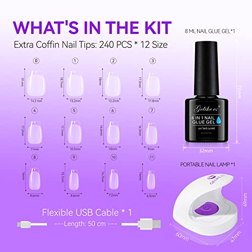 Gelike EC Gel X Nail Kit - 6 in 1 Milky White UV Gel Glue 16ml, No Wipe Top Coat Gel 8ml, 528PCS Short Square Nail Tips and UV Lamp…