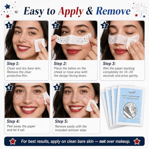 Patriotic Glitter Freckle Tattoos - 10pc Kit + Remover Wipes