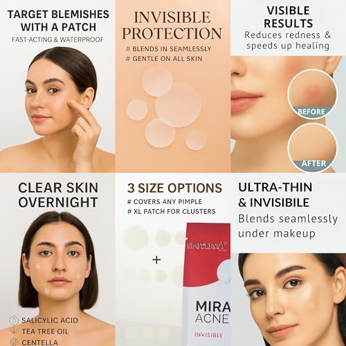 Invisible Pimple Patch, Overnight Miracle Patches for Face & Body, Fast-Acting Zit Stickers, Hydrocolloid Acne Treatment with Tea Tree Oil & Salicylic Acid?Waterproof, Hypoallergenic. 96 Pcs 3 Sizes