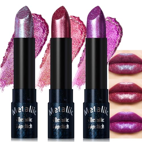 3-Piece Metallic Lipstick Set - Burgundy Wine Shimmer