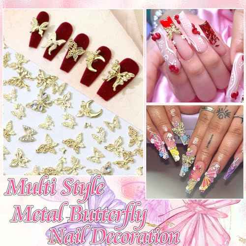 RODAKY 120pc Butterfly Nail Charms - Gold 3D Butterflies with Rhinestone Mixed Size Y2K Nail Decoration for Women's Manicure Design DIY Craft Embellishment