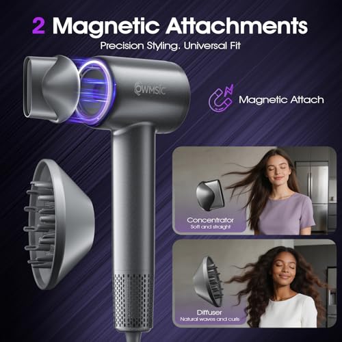 OWMSIC High-Speed Hair Dryer 160000 RPM Brushless Motor, Ionic Diffuser & Concentrator