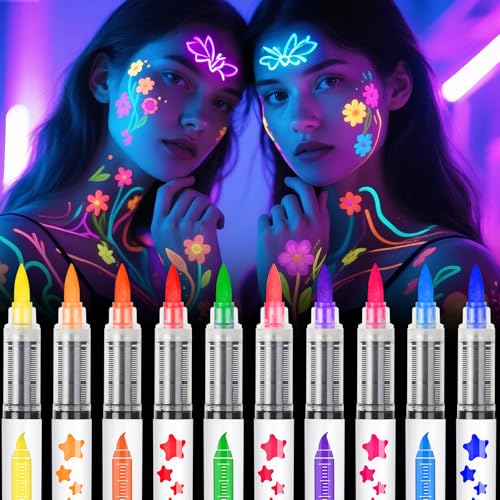 Glow in Dark Face Paint Markers - 10 UV Neon Colors