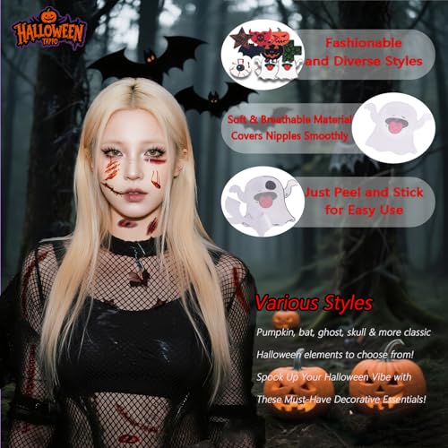 Halloween Nipple Covers 8 Pairs & Temporary Tattoos Kit - Bat, Skeleton, Pumpkin Spider Pasties with Gothic Face Stickers | Latex-Free Body Adhesive | Party Rave Cosplay Costume Accessories