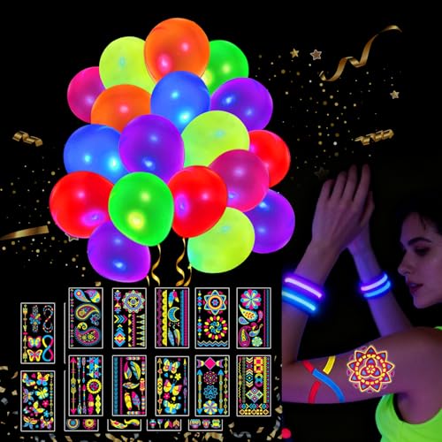 Neon Party Pack: 172 Glow Tattoos & 100 UV Balloons