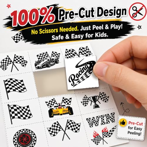 96 PCS Checkered Flag Temporary Tattoos for Kids Party Favors