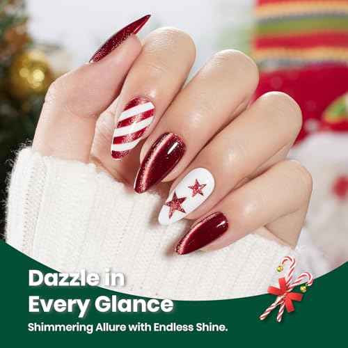 Beetles Velvet Starlight Cat Eye Gel Nail Polish Set, 6 Colors Christmas Gel Nail Kit Glitter Red Green Pink Shiny Brown Burgundy Purple Blue Magnetic Effect Soak Off UV Manicure Gifts for Women