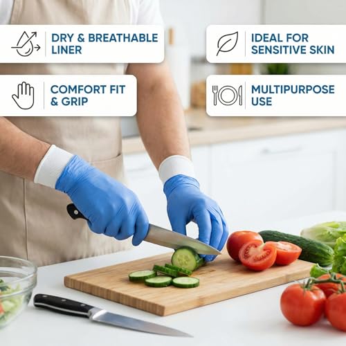 Youneedthat Nitrile Glove Liners for Eczema - 20-Count Safety Gloves with Non-Slip Grip, White, Food Prep