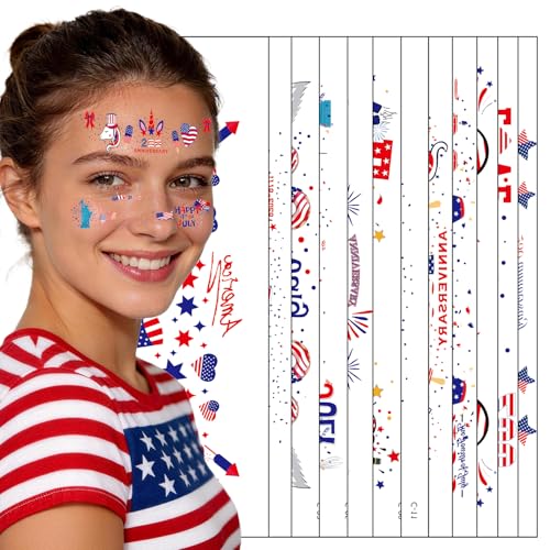 12PCS Red White Blue Freckle Tattoos - 4th of July Patriotic Face Stickers