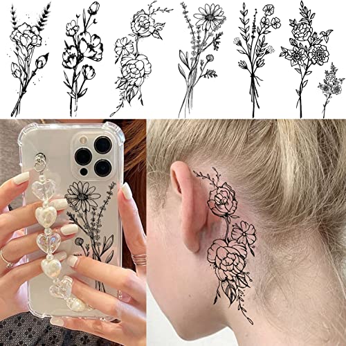 19 Sheets Black Flower Temporary Tattoos for Women
