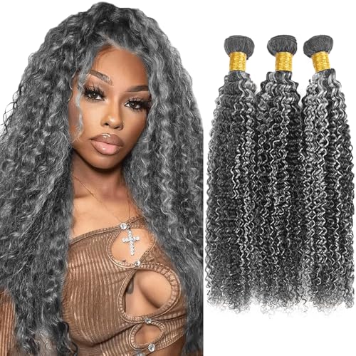 Fridnae Grey Curly Wave Human Hair Bundles 3-Pack 12-34 Inch Ombre Silver & Black