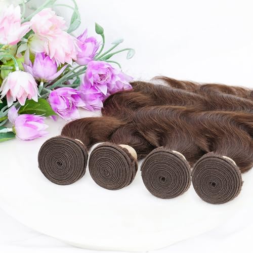 ALLRUN Brown Body Wave Human Hair Bundles 12-18 Inch, 4 Bundles with Closure, Brazilian Virgin Hair, Color 4# (Variation: 16 Inch)