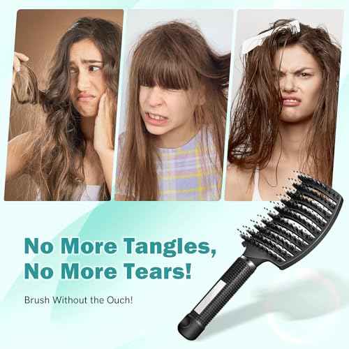 Curved Detangler Brush for Women Kid Men, 2 Pack Boar Bristle Vented Hair Brush Set with Clips for Fine Thick Hair Smoothing, Detangling, Faster Blow Drying