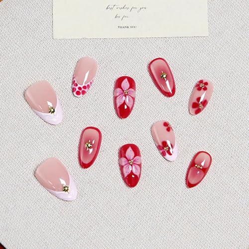 STADWWK 30pcs Short Almond Press-On Nails with 3D Flower & Star Designs - Reusable Glossy Fake Nails for Summer Manicure