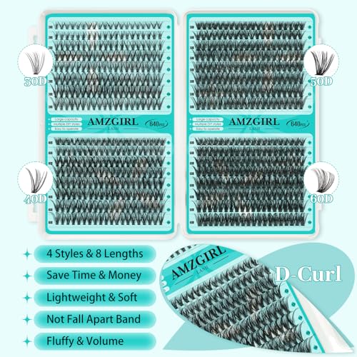 Lash Clusters Kit 640Pcs, 30D+40D+50D+60D Eyelash Extension Kit, Lash Bond and Seal Waterproof, Lash Remover, Lash Applicator Tool and Function Brush for DIY Lash Extension Kit(D-Mix9-16mm Kit)