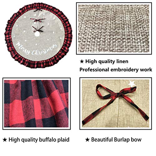 AISENO 48 Inch Christmas Tree Skirt Linen Burlap Buffalo Plaid Edge Decoration for Merry Christmas Party Red and Black Buffalo Christmas Tree Skirt Decorations