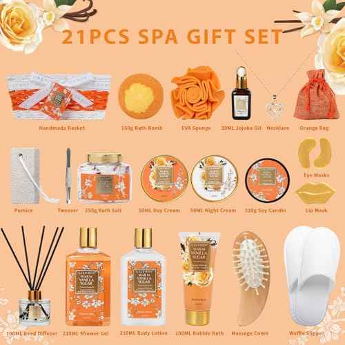 Christmas Gifts for Women - 21-Piece Luxury Vanilla Sugar Bath and Body Spa Gift Basket Set for Women Self Care Kit with Necklace, Bath Bomb | Valentine's Day, Mothers Day Gifts for Mom, Wife
