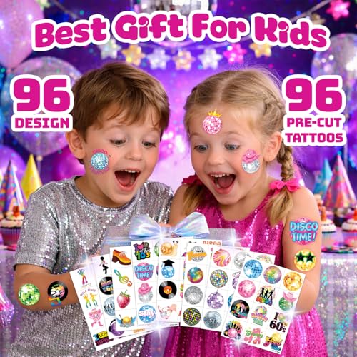 96 PCS Disco 70s Temporary Tattoos for Kids | Retro Party Favors