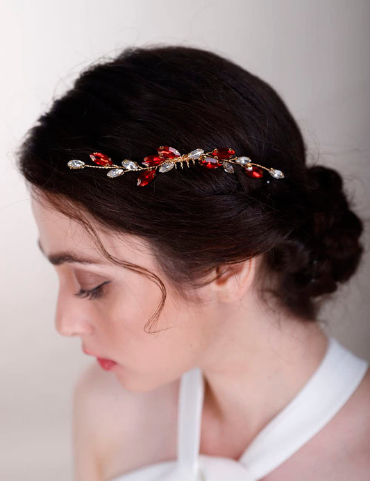 Chargances Bridal Rhinestone Hair Comb Wedding Rose Red Crystal Hair Vine Comb Vintage Handmade Hair Accessories for Bridesmaid Prom Flower Girls (Rose Red)